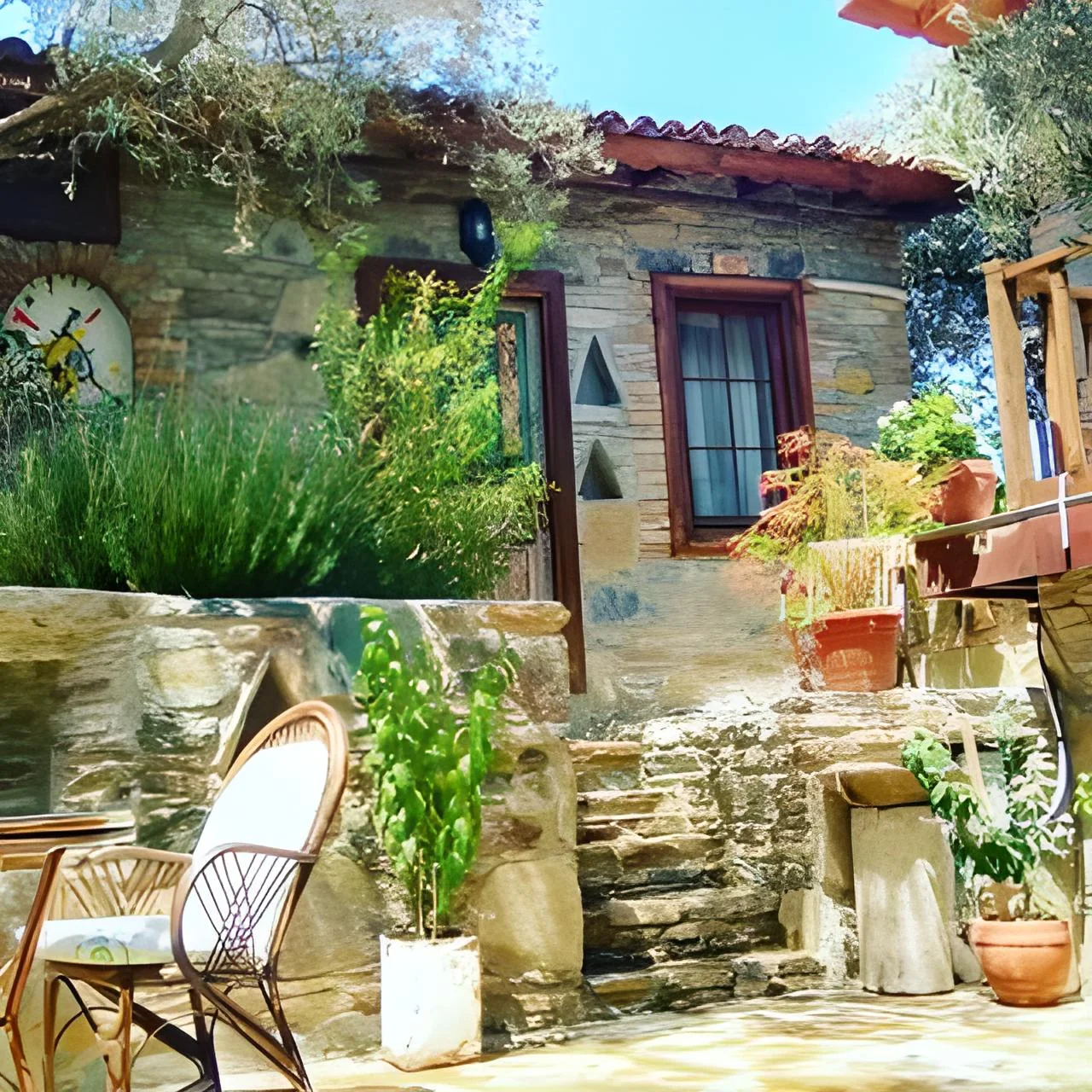 Kırkınca’da bitkiler arasındaki taş merdivenler ve ahşap detaylı avlu