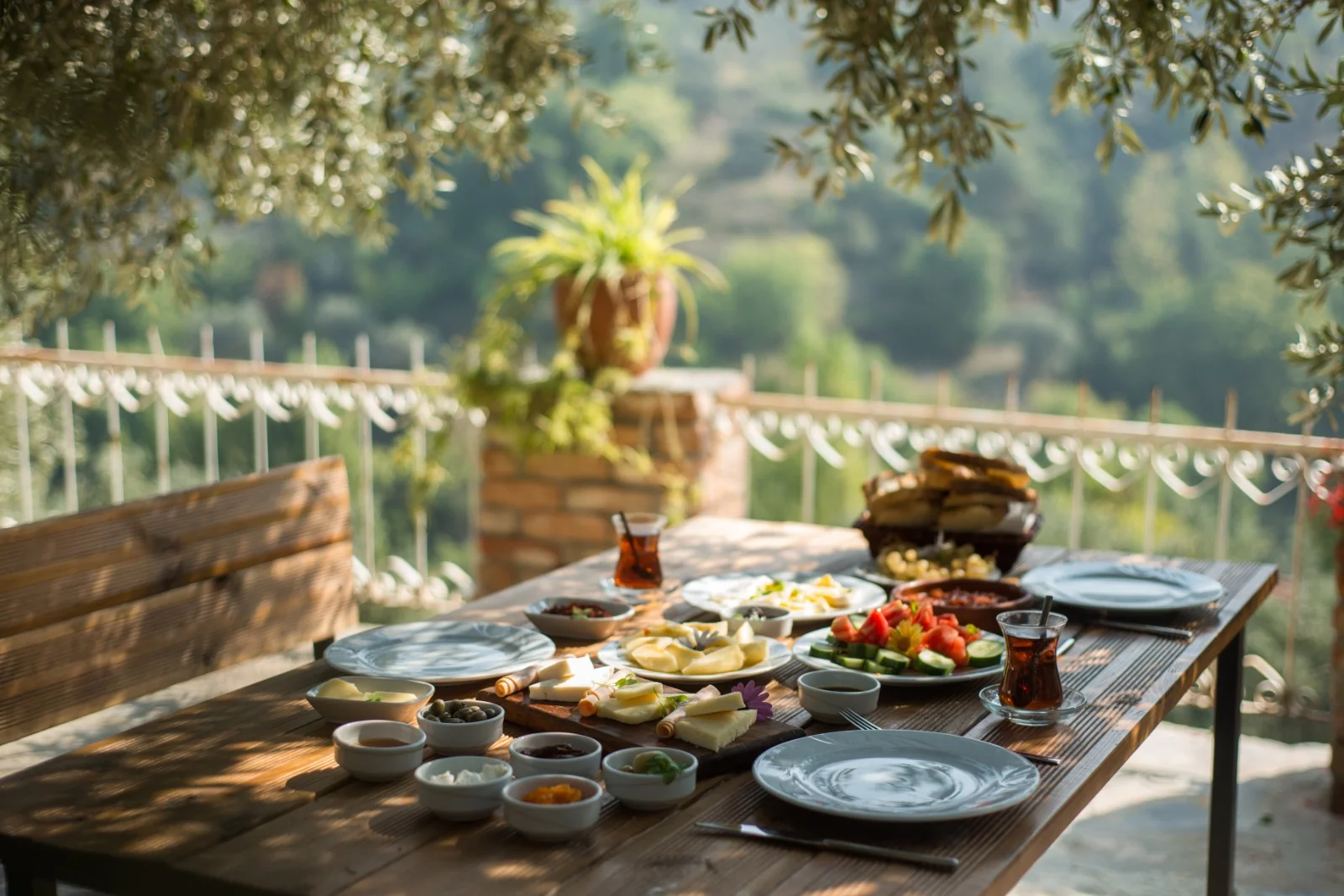 Kırkınca’da zeytin dalları altında hazırlanmış kahvaltı sofrası
