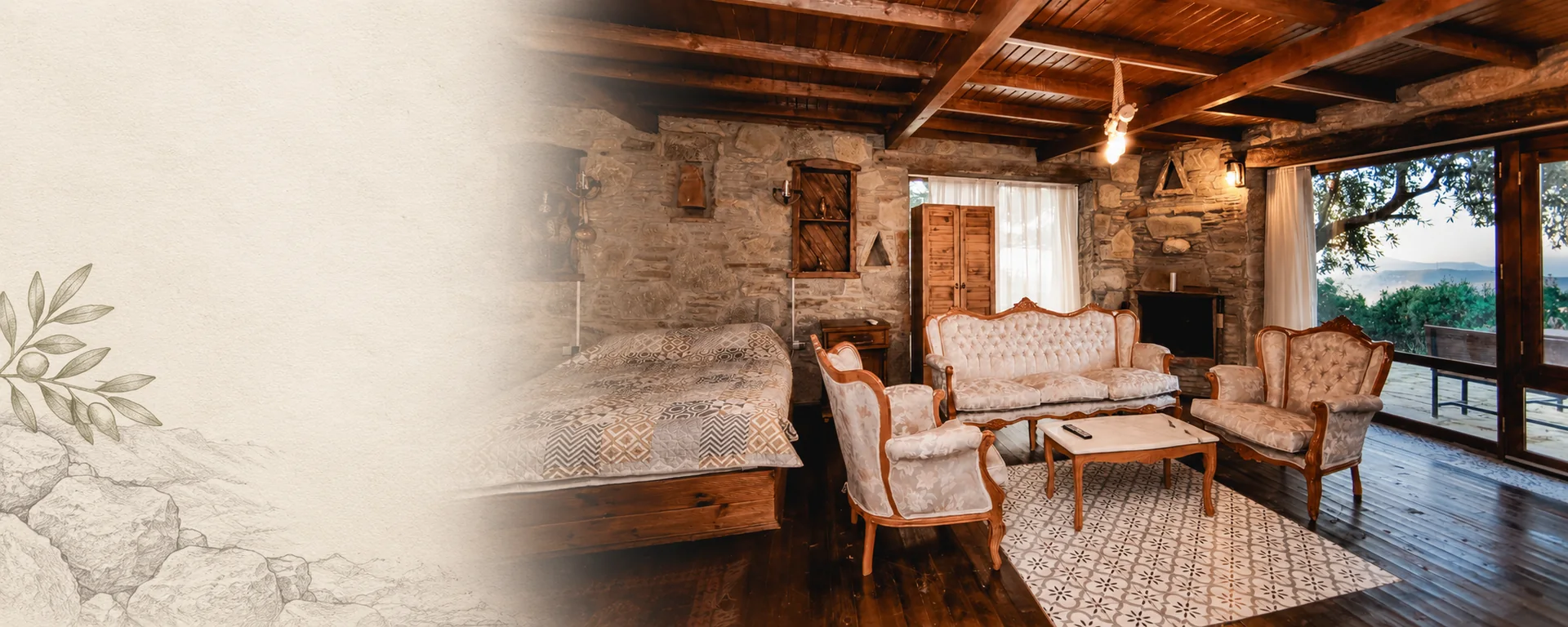 Kayalı Ev fotoğrafı, taş dokusu ve zeytin dalı çizimiyle oluşturulmuş temsili kapak